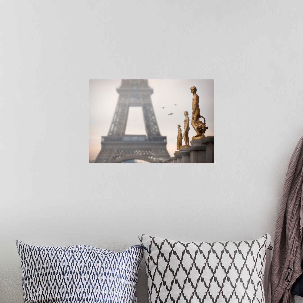 A bohemian room featuring France, Paris, Eiffel Tower and statues of Palais de Chaillot.