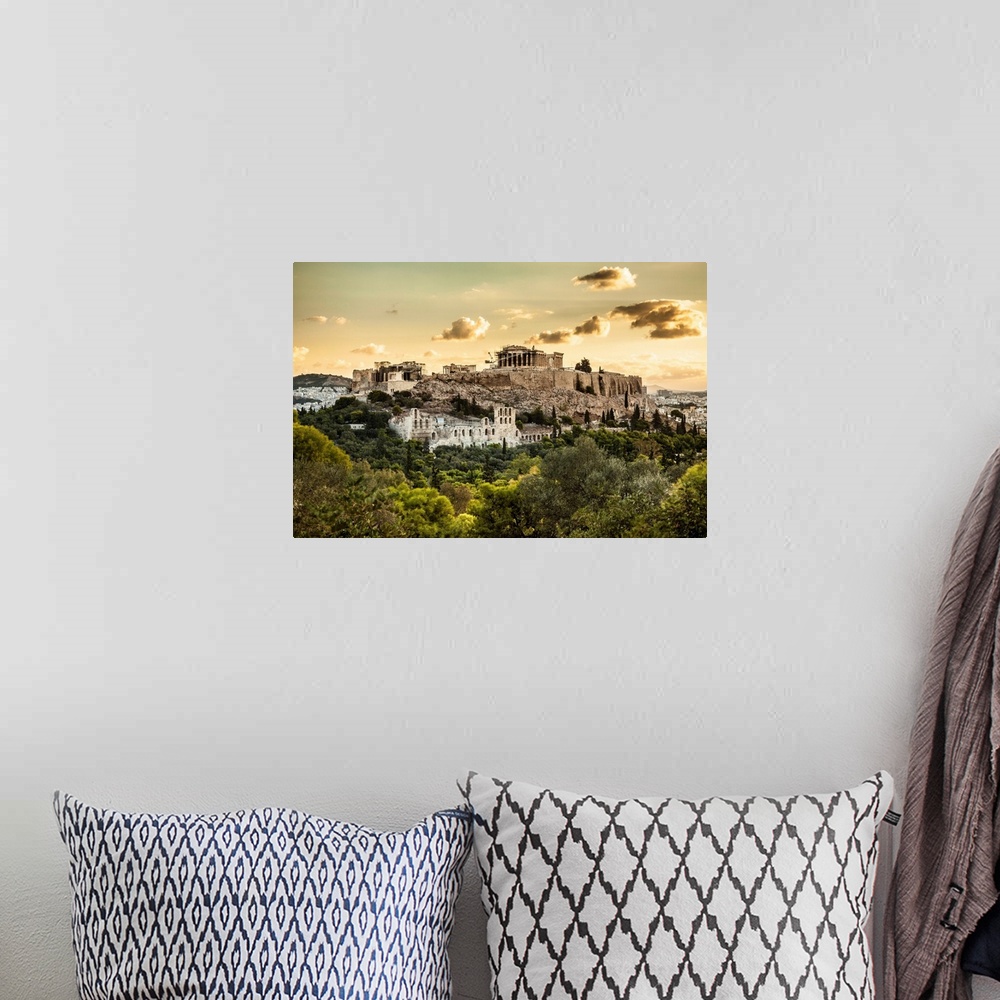 A bohemian room featuring Greece, Athens, The Acropolis at sunrise.