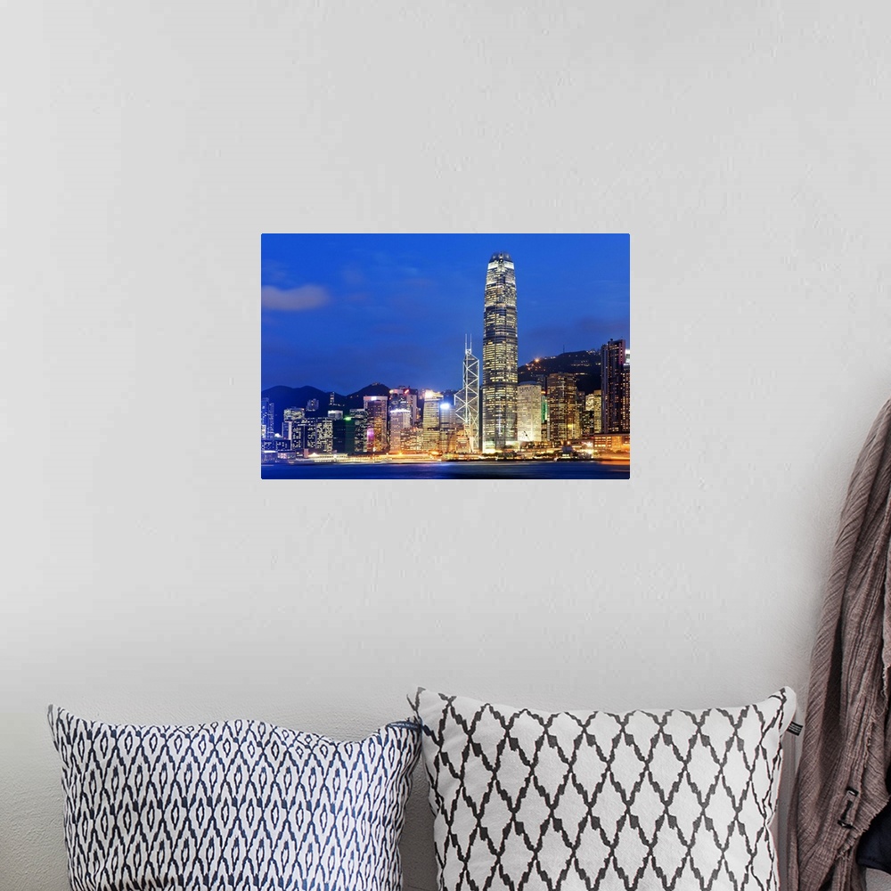A bohemian room featuring China, Hong Kong, Hong Kong island, City skyline illuminated at night with International Finance ...