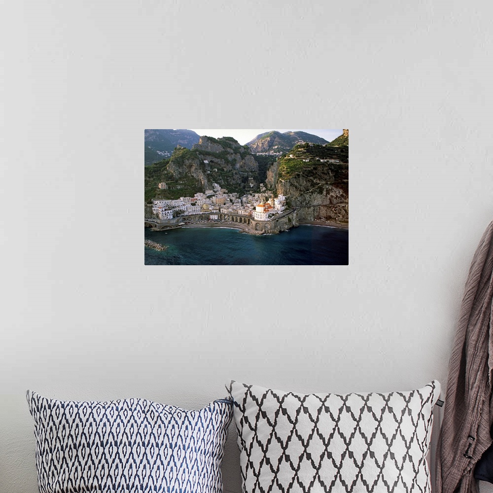 A bohemian room featuring Italy, Campania, Peninsula of Sorrento, Atrani, Air view of the town
