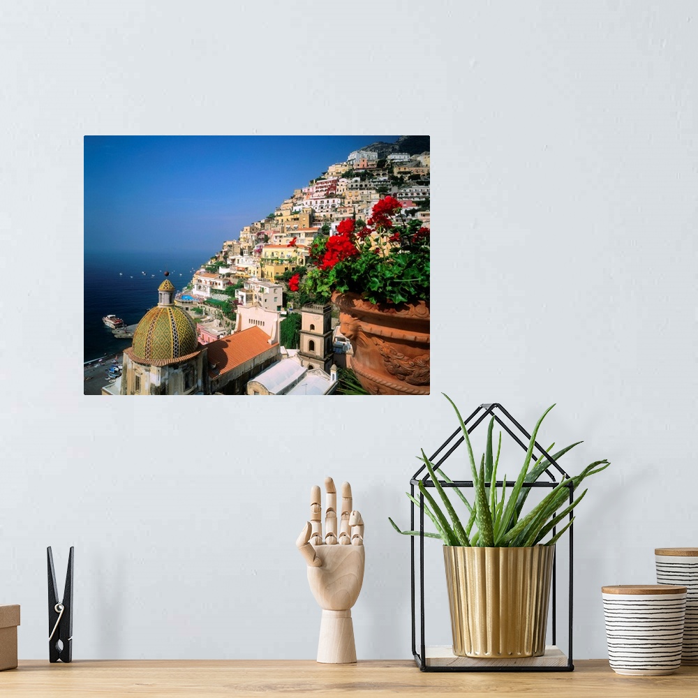 A bohemian room featuring Italy, Campania, Positano, view towards the town