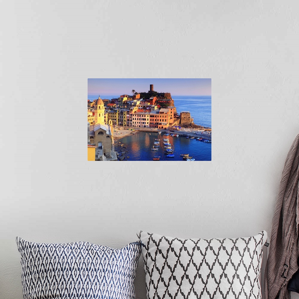 A bohemian room featuring Italy, Liguria, Ligurian sea, Italian Riviera, Cinque Terre, Vernazza, summer sunset