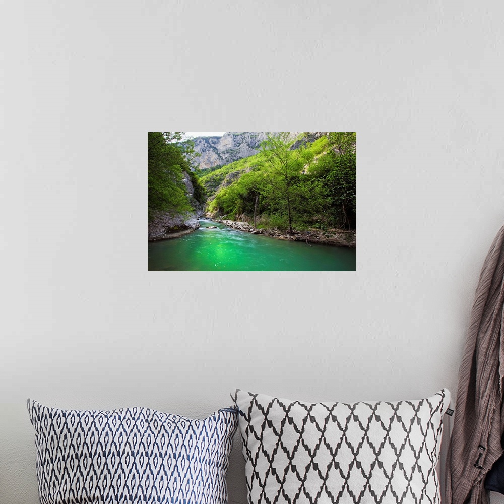 A bohemian room featuring Italy, Marches, Ancona district, Genga, Esino river running through the mountains