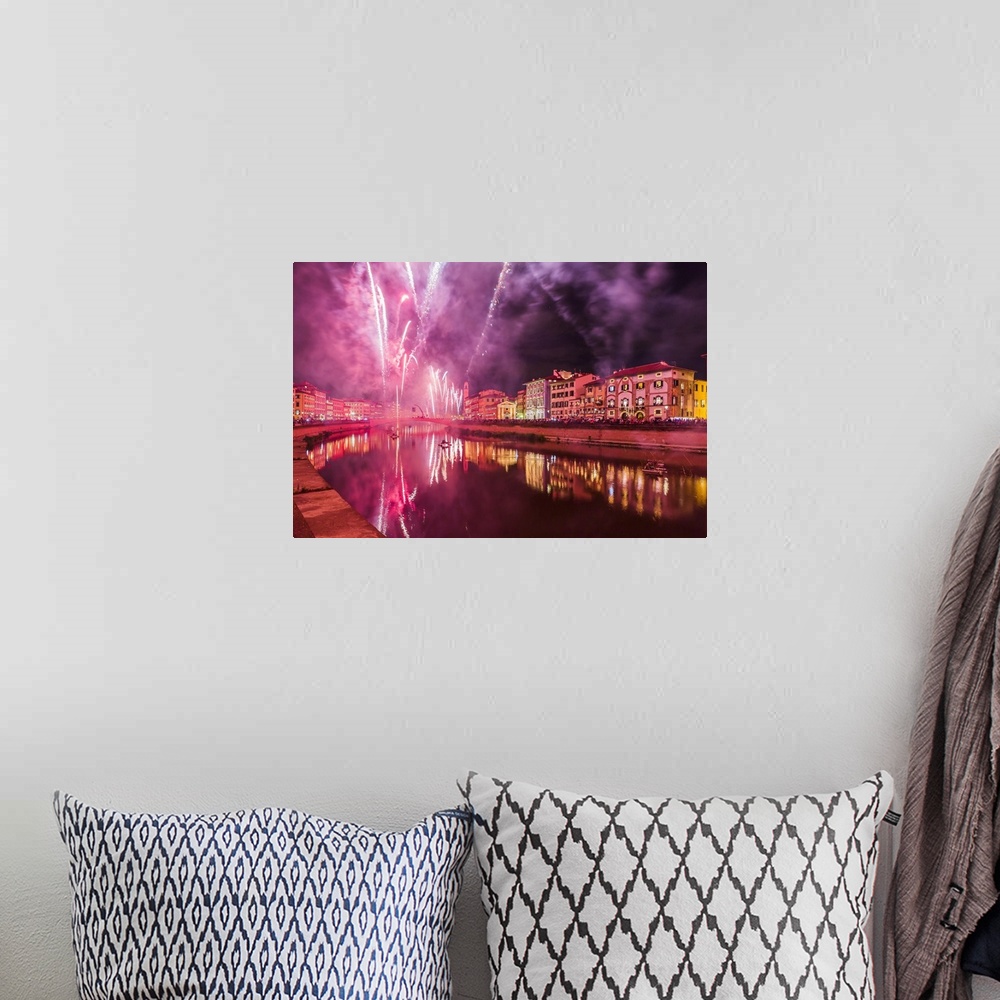 A bohemian room featuring Italy, Tuscany, Pisa district, Pisa, Fireworks at the Arno River waterfront during the Luminara d...