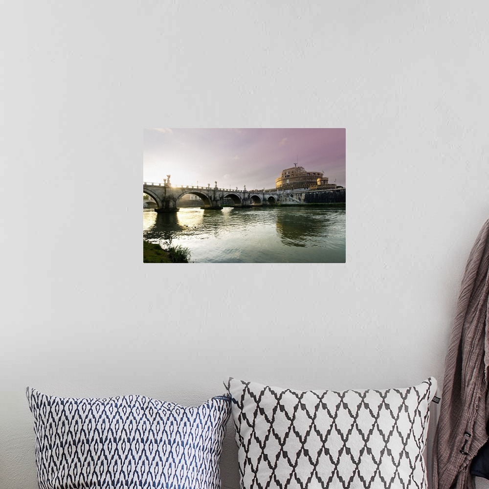 A bohemian room featuring Italy, Rome, Mausoleum of Hadrian, Mediterranean area, Roma district, sunset on Tevere