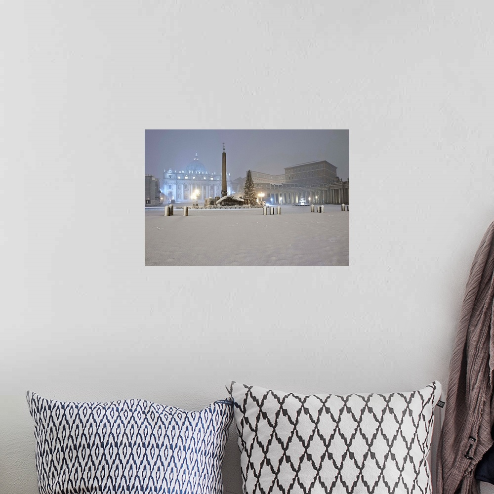A bohemian room featuring Italy, Rome, St Peter's Basilica, Night view of the Square with snow.