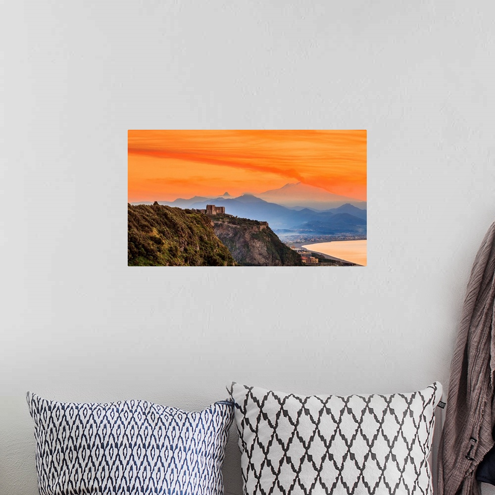 A bohemian room featuring Italy, Sicily, Messina district, Mediterranean sea, Milazzo, Castle overlooking Ponente beach wit...
