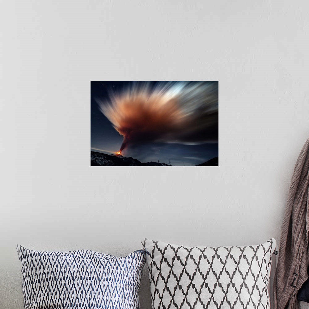 A bohemian room featuring Italy, Sicily, Messina district, Mount Etna, Etna volcano eruption.