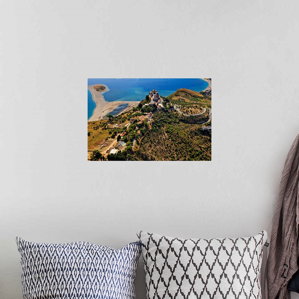 A bohemian room featuring Italy, Sicily, Messina district, Tindari, Aerial view, town, lakes and Greek Theatre