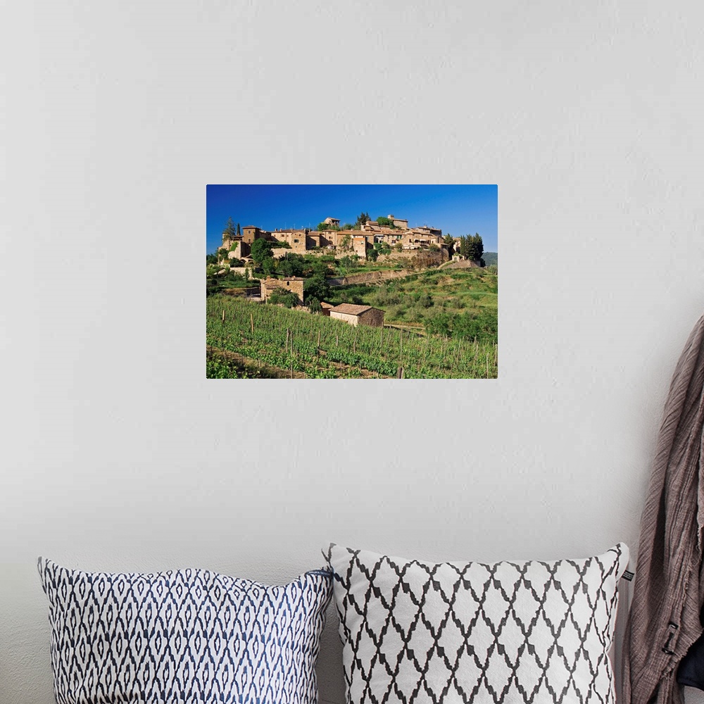 A bohemian room featuring View of the medieval village of Montefioralle, perched on a hill surrounded by vineyards and oliv...