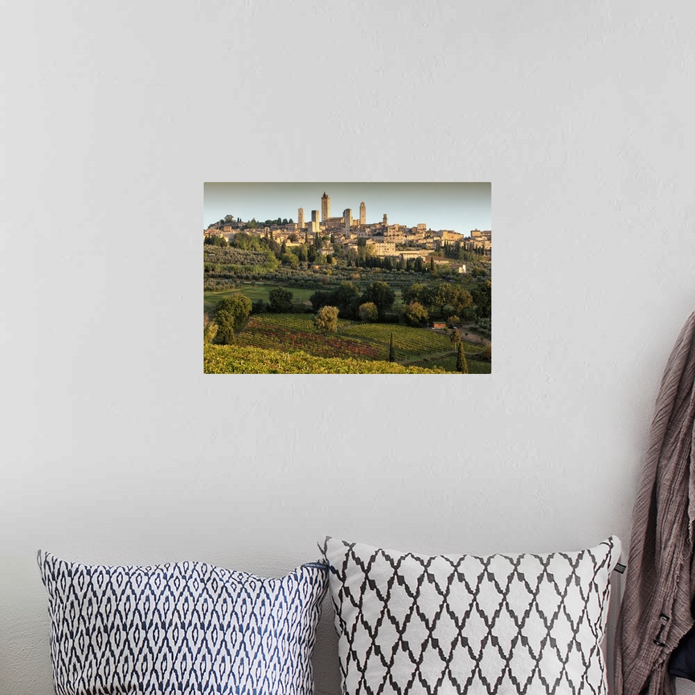 A bohemian room featuring Italy, Tuscany, Siena district, Val d'Elsa, San Gimignano, Vernaccia vineyards and olive grove wi...