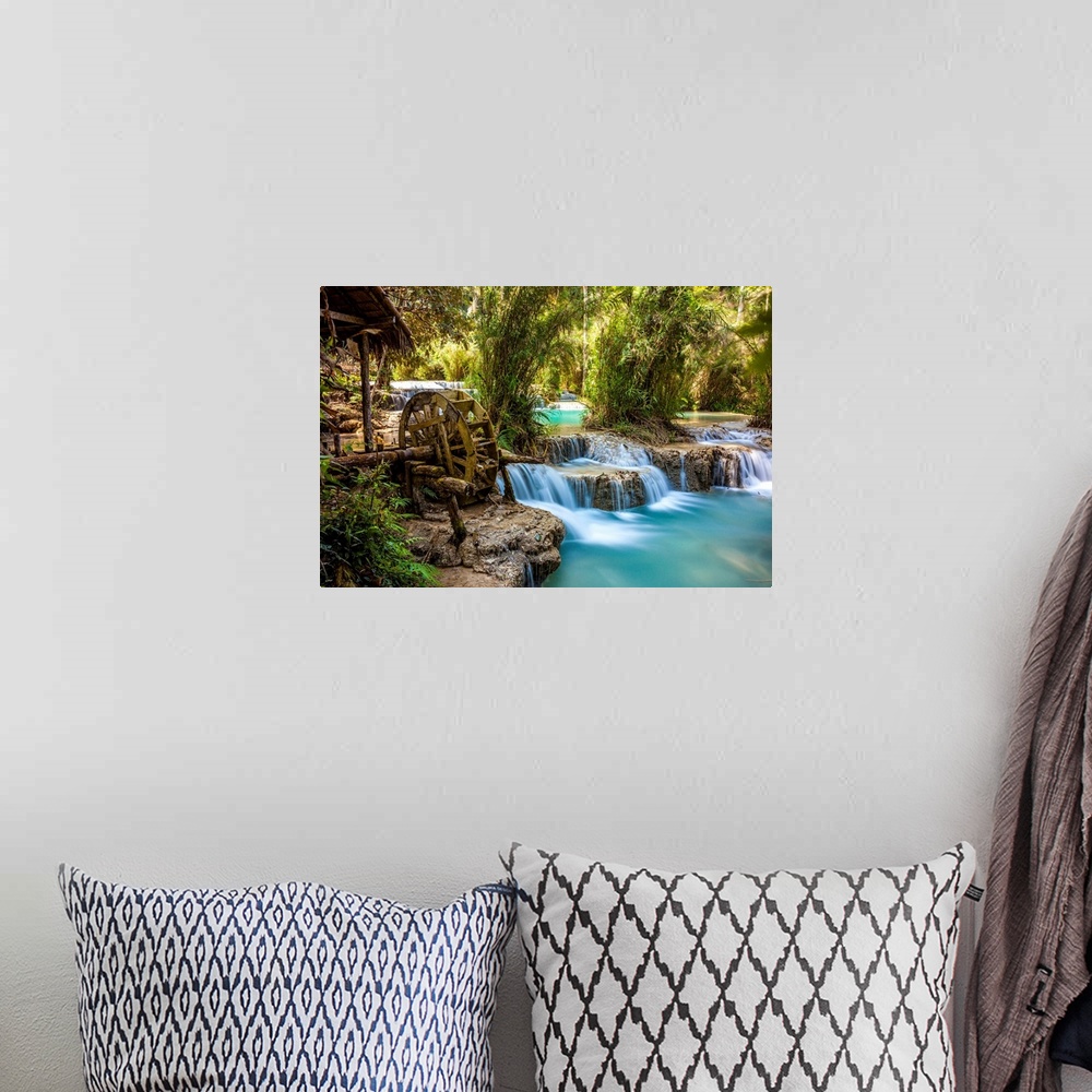 A bohemian room featuring Laos, North Region, Louangphrabang, Turquoise water of the Kuang Si Waterfall and old mill.