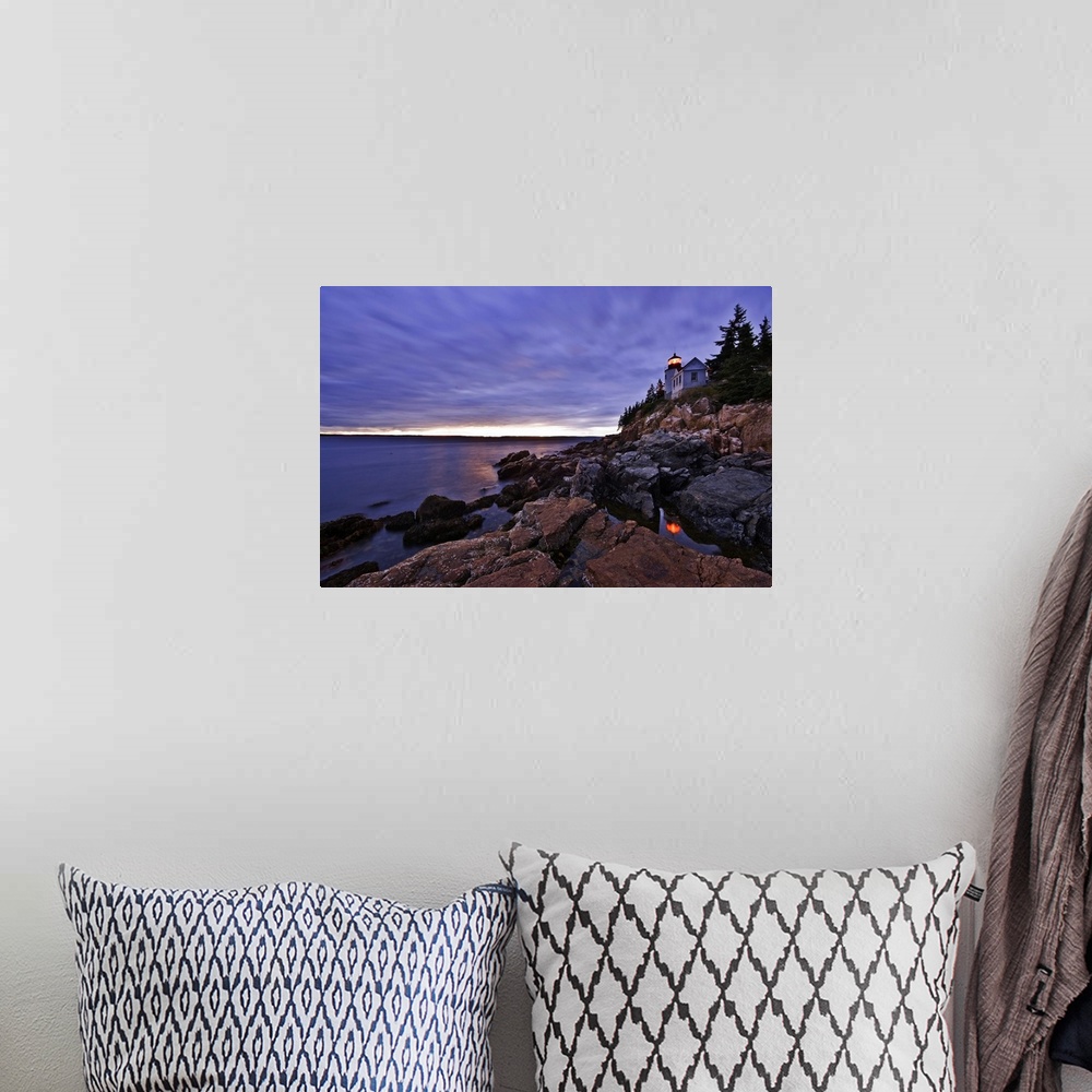 A bohemian room featuring Maine, Mount Desert Island, The Bass Harbor lighthouse at dusk