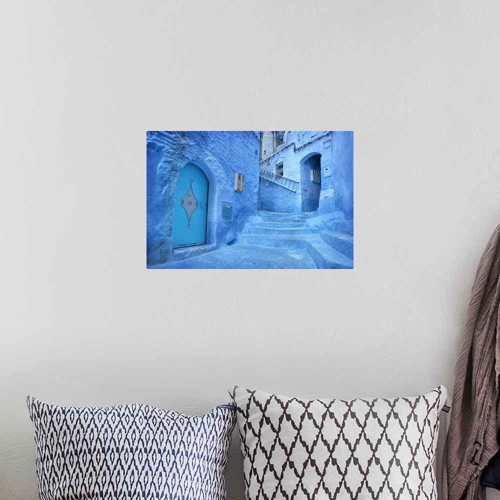A bohemian room featuring Morocco, Rif Mountains, Chefchaouen, Typical blue painted houses in the old town