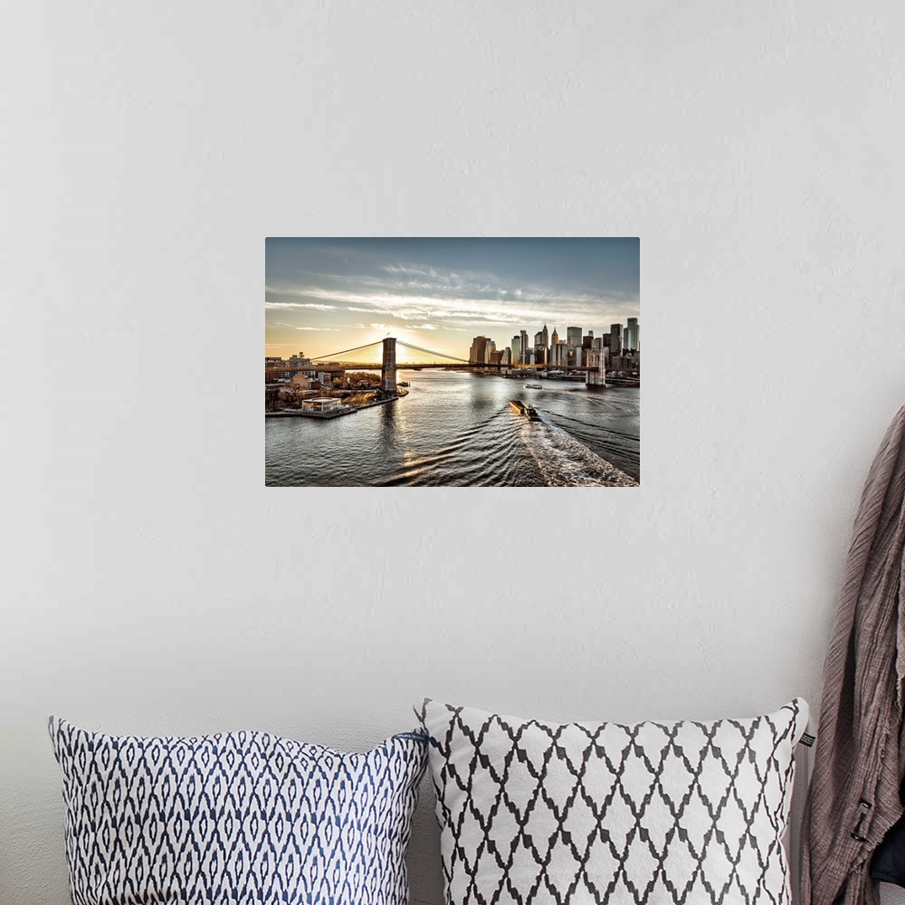 A bohemian room featuring New York City, Brooklyn and Lower Manhattan with Brooklyn Bridge.
