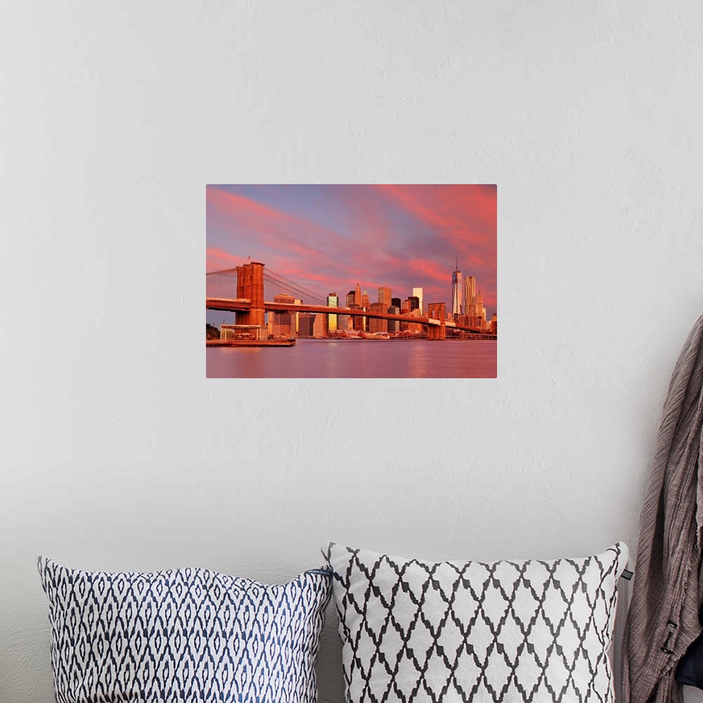 A bohemian room featuring USA, New York City, East River, Manhattan, Brooklyn Bridge, Downtown Manhattan skyline, view from...