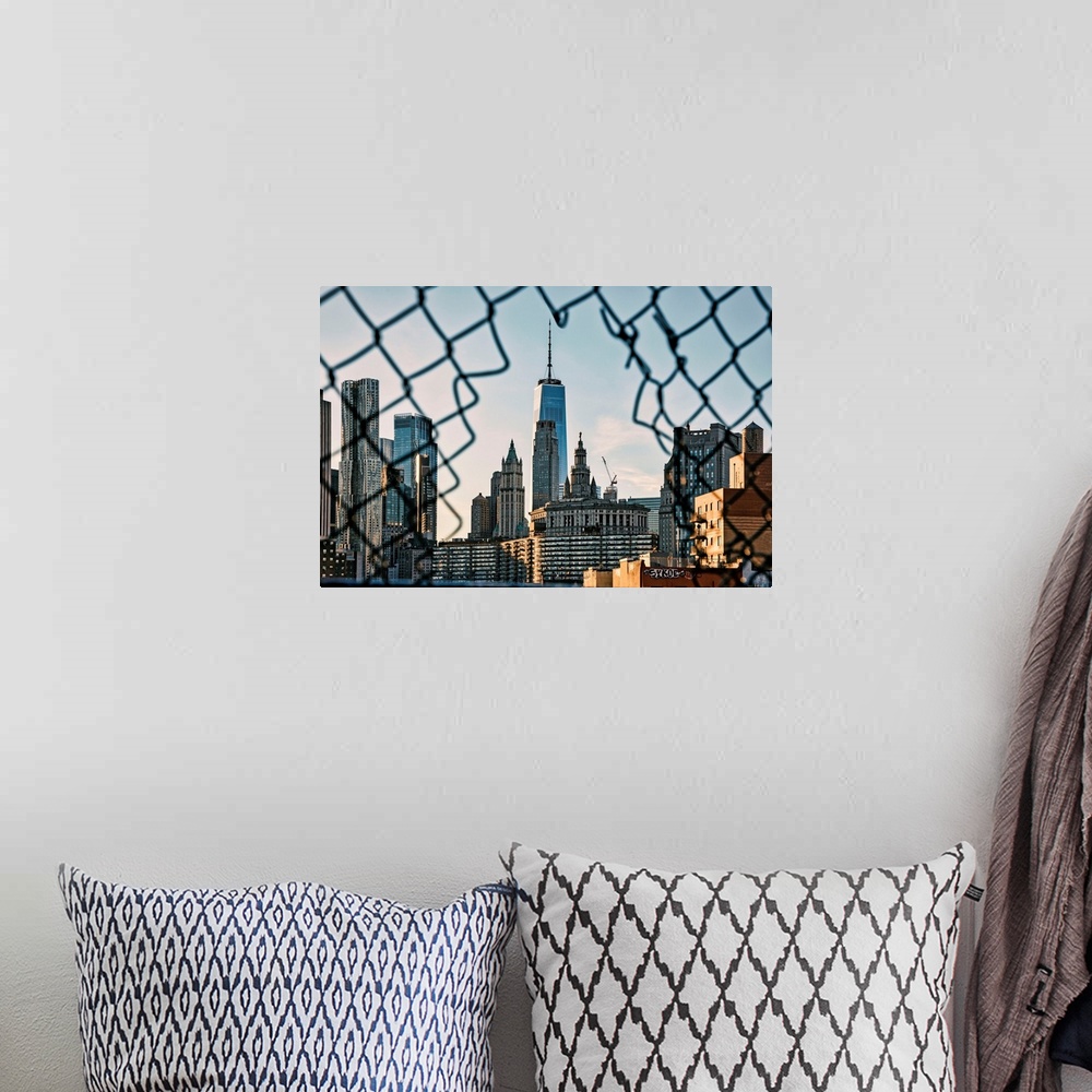 A bohemian room featuring New York City, Lower Manhattan, Lower East Side skyline viewed from Manhattan Bridge.