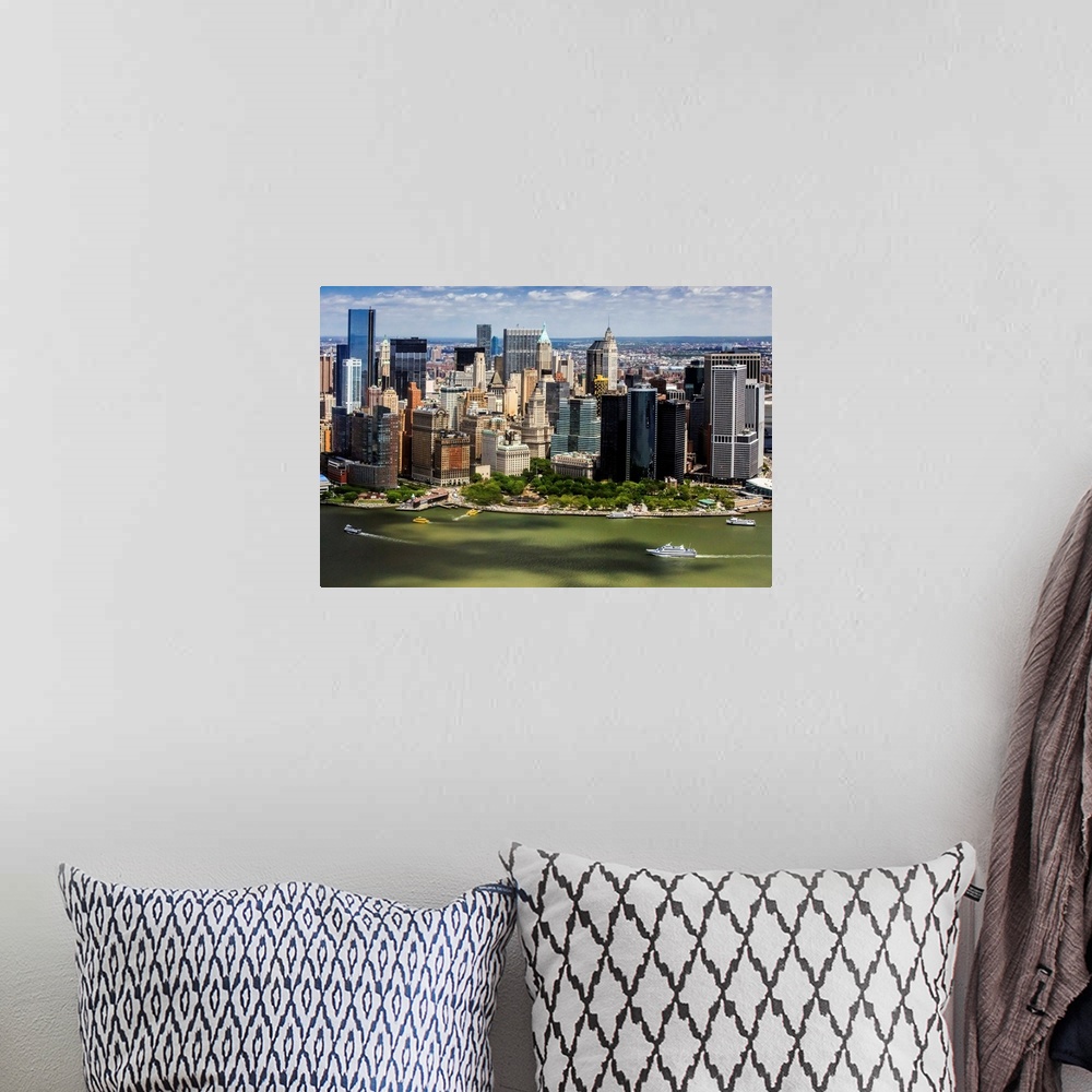 A bohemian room featuring New York, New York City, Manhattan, Battery park from a helicopter.