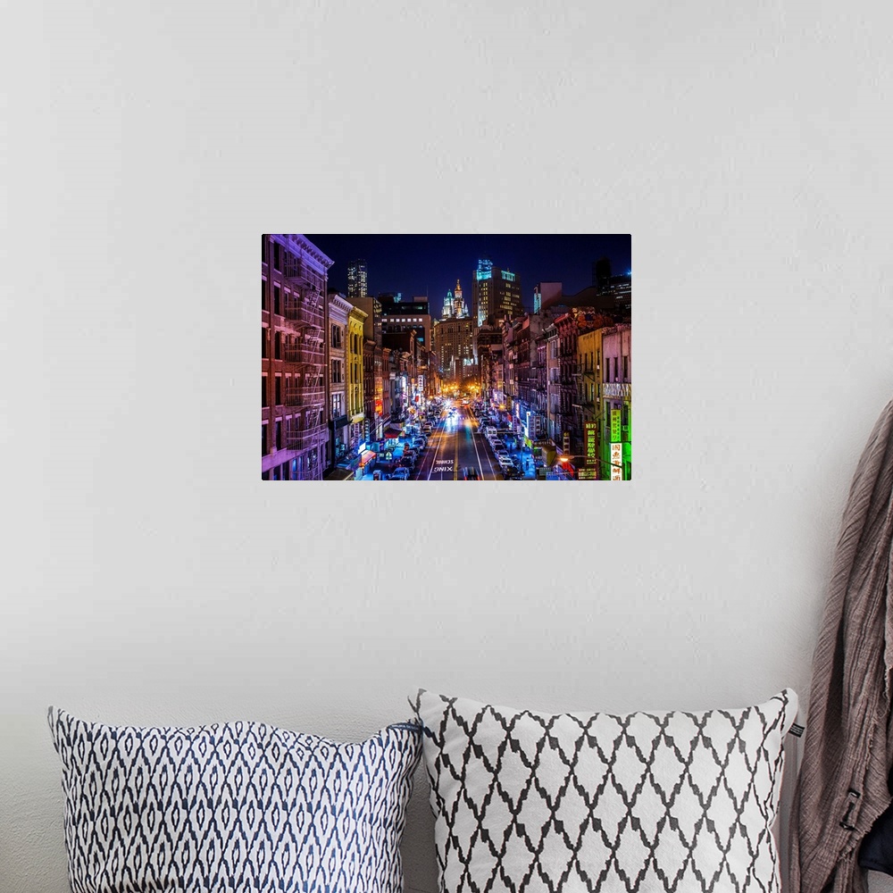 A bohemian room featuring USA, New York City, Manhattan, Lower East Side, Chinatown, Chinatown at night.