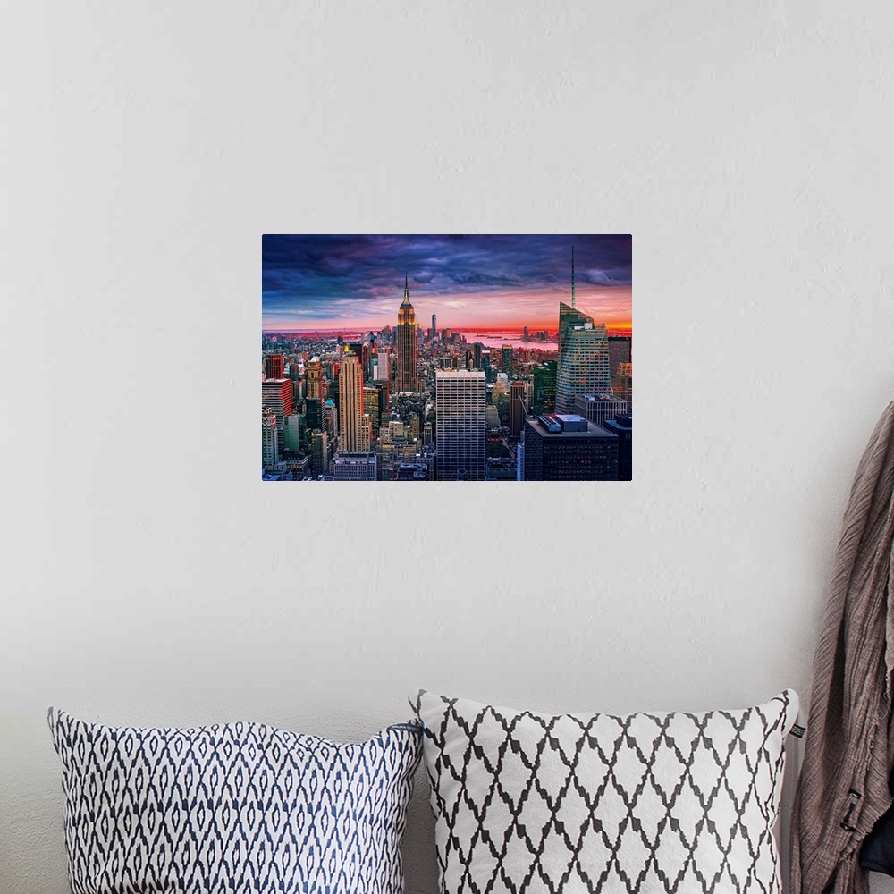 A bohemian room featuring USA, New York City, Manhattan, Midtown, Rockefeller Center, Evening cityscape from Top of the Roc...