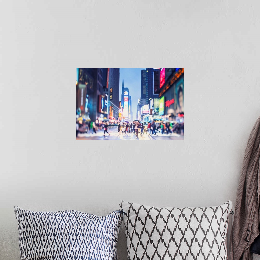 A bohemian room featuring New York, New York City, Manhattan, Times Square, Pedestrians crossing the street at night.