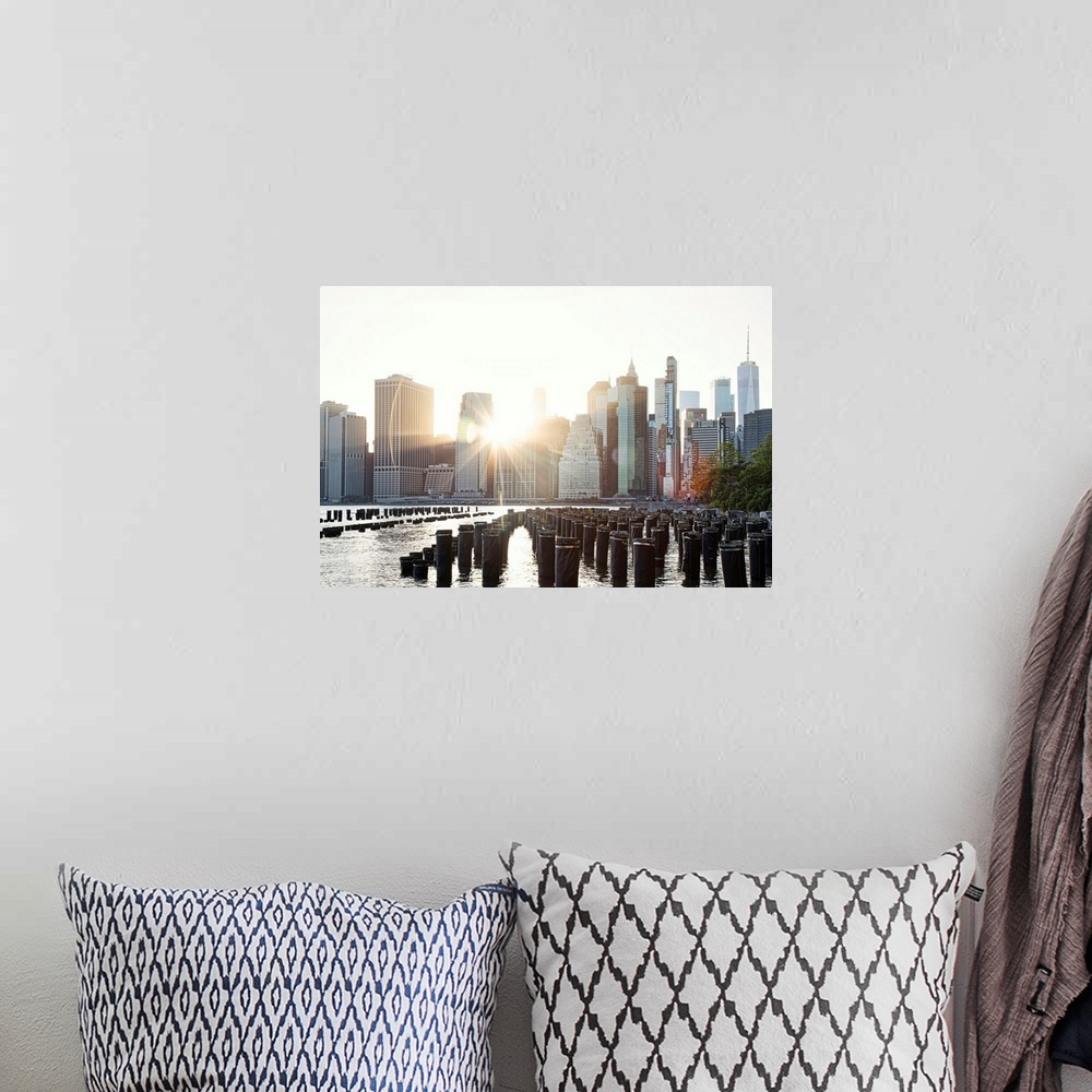 A bohemian room featuring New York City, View of New York City Skyline from Brooklyn Bridge Park.