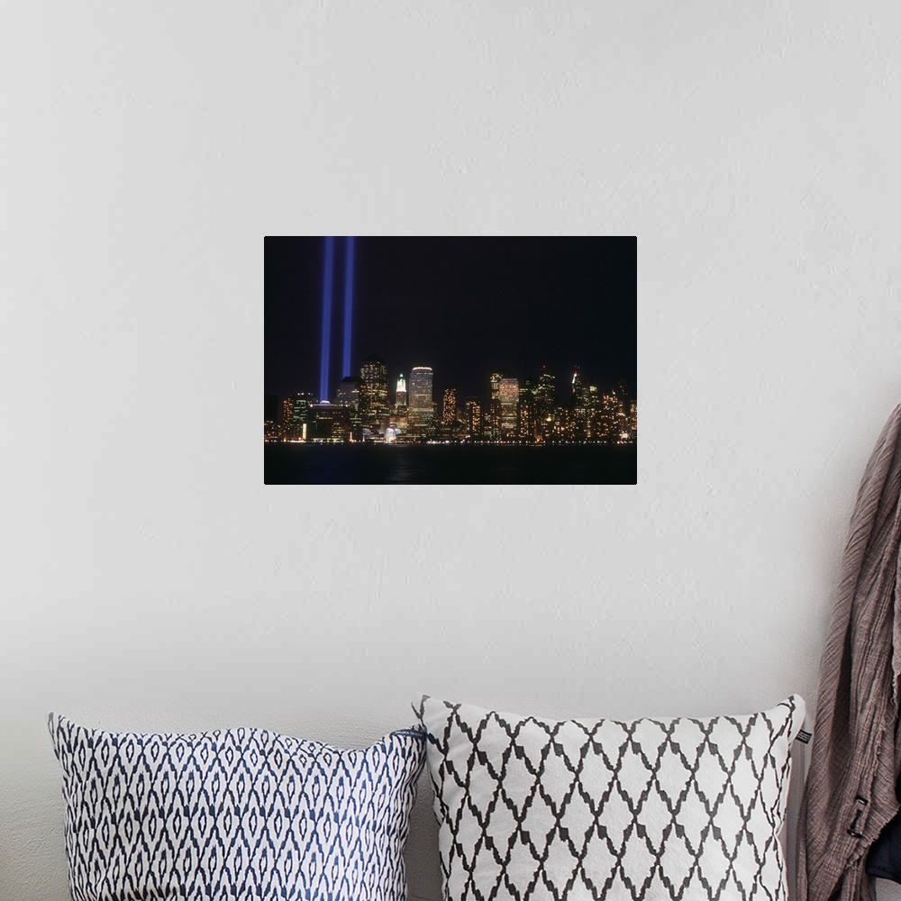A bohemian room featuring New York State, Manhattan, NYC, Tribute in Light to the fallen Twin Towers
