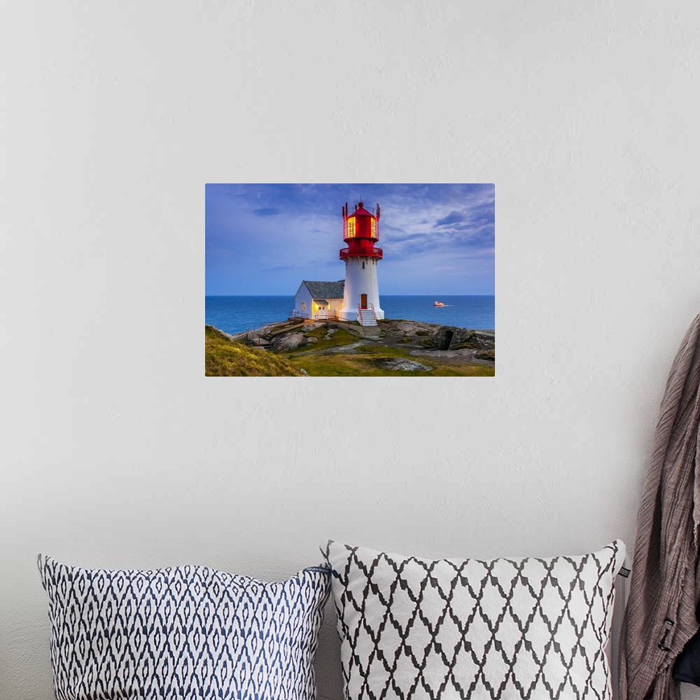 A bohemian room featuring Norway, Vest-Agder, Scandinavia, Lindesnes, Lindesnes Fyr Lighthouse at sunset