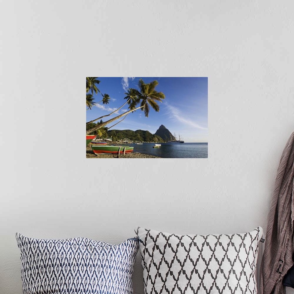 A bohemian room featuring St Lucia, Soufriere, Fishing boats in Soufriere Bay with Petit Piton in the background
