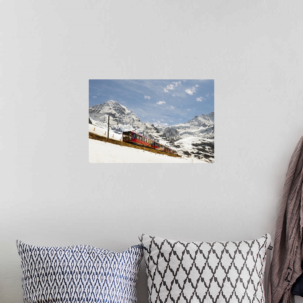 A bohemian room featuring Switzerland, Bern, Berner Oberland, Alps, Bernese Oberland, Jungfraujoch, Train passing through t...