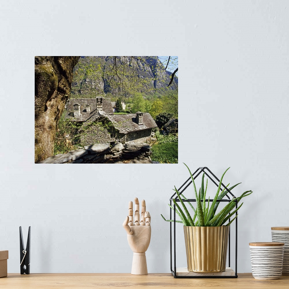A bohemian room featuring Switzerland, Ticino, Central Europe, Cevio, Maggia Valley, view of the village