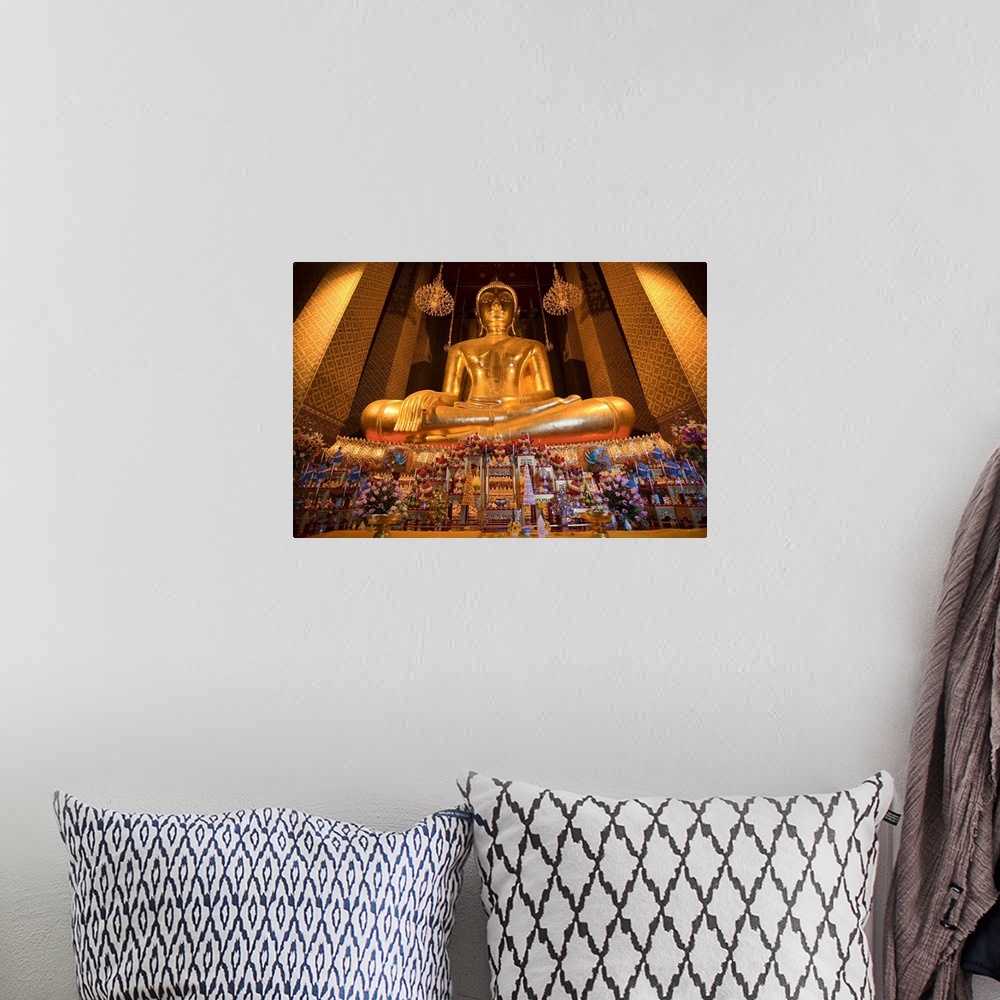 A bohemian room featuring Thailand, Bangkok, Wat Kalayanamit , golden Buddha in the temple