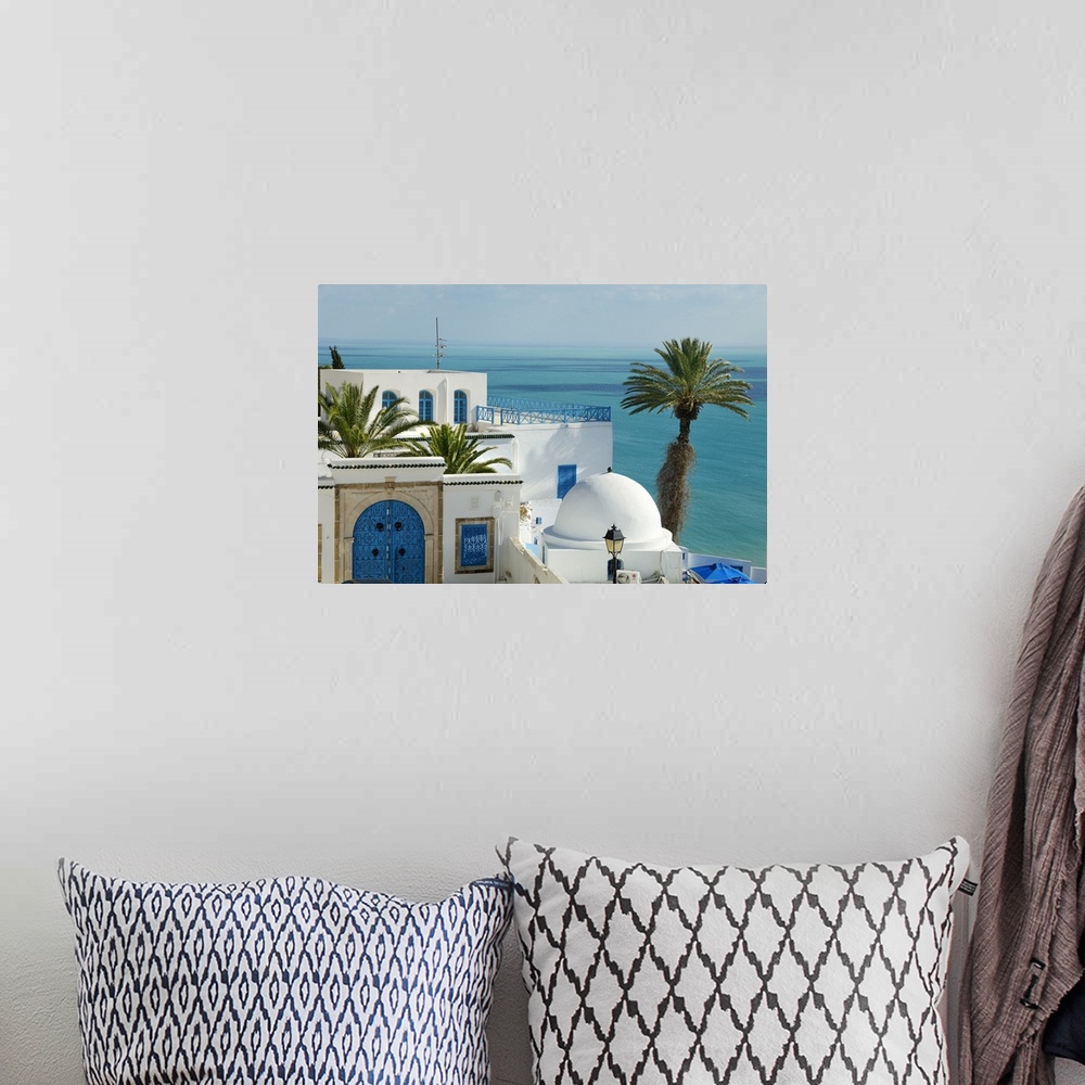 A bohemian room featuring Tunisia, Tunis, Mediterranean area, Sidi Bou Said, White walled houses overlooking the Gulf of Tunis