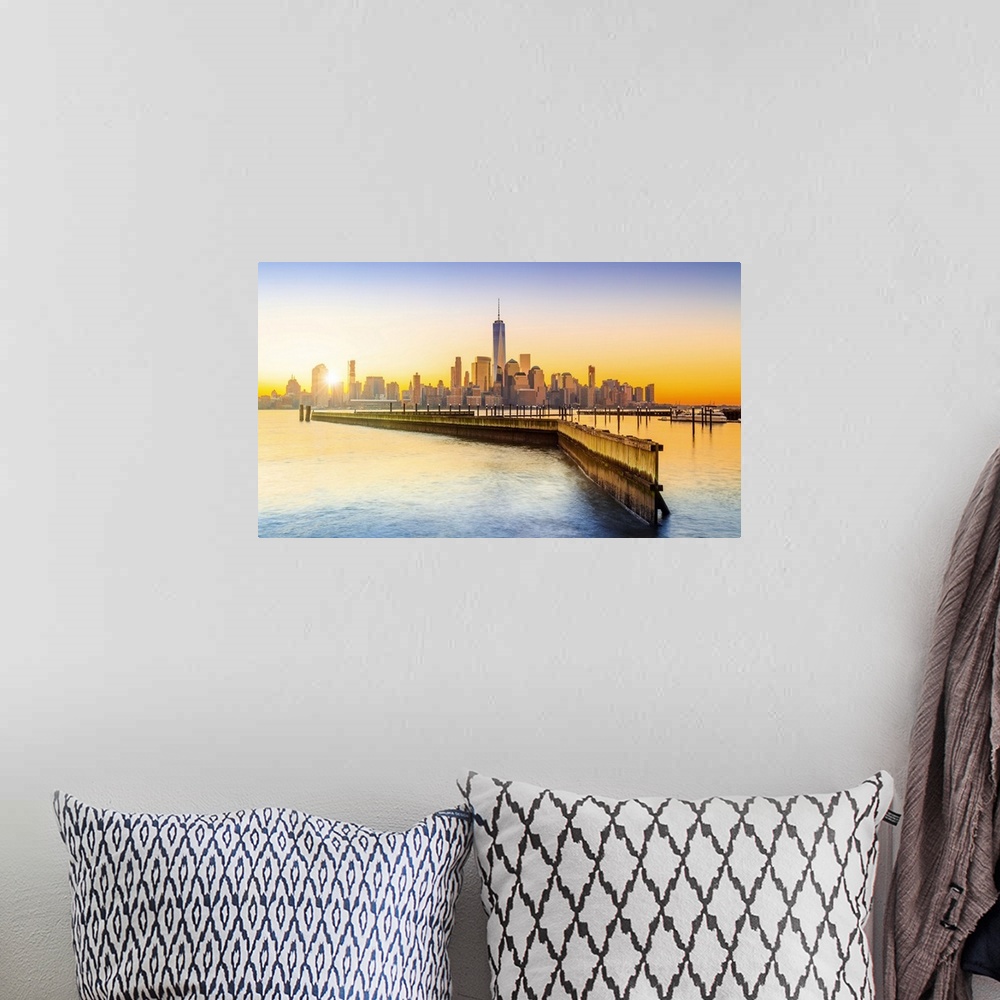 A bohemian room featuring USA, New Jersey, Lower Manhattan skyline with One World Trade Center and Freedom Tower at sunrise