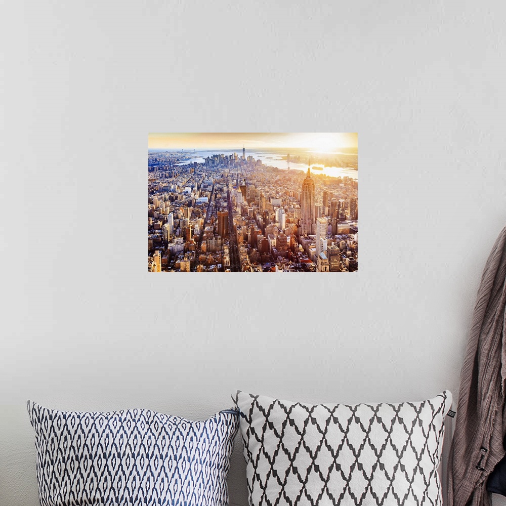A bohemian room featuring USA, New York City, Aerial view towards One World Trade Center and Hudson river at sunset.