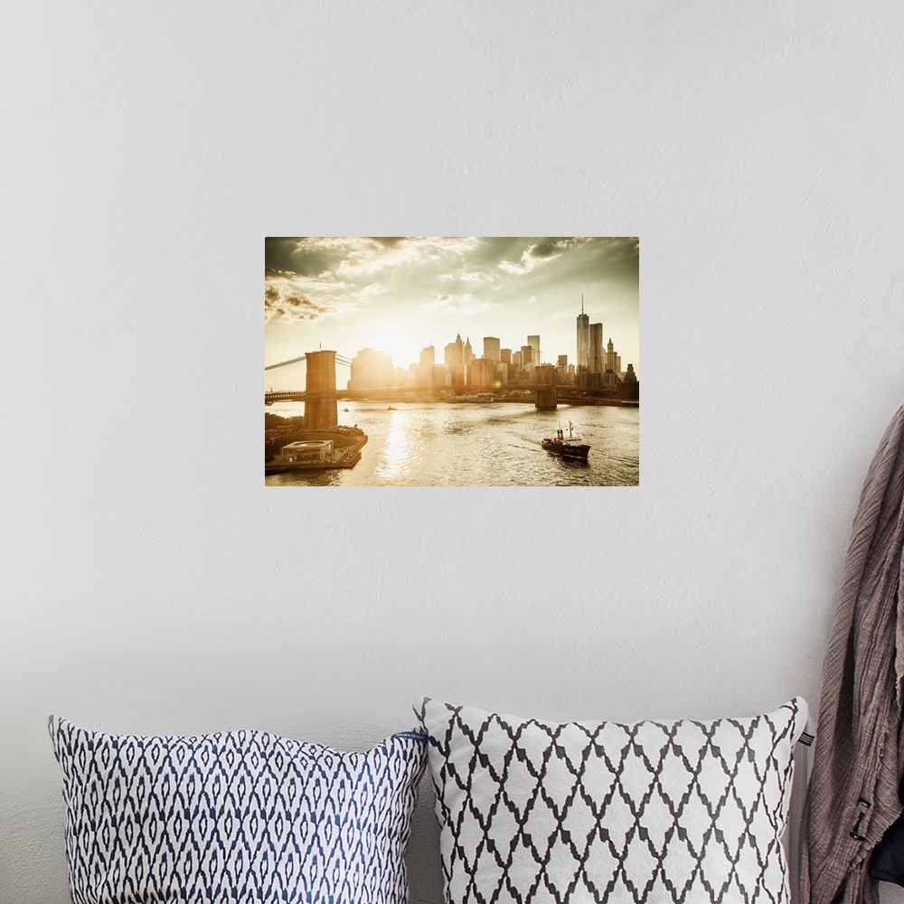 A bohemian room featuring USA, New York City, Brooklyn Bridge and Manhattan skyline at sunset with One World Trade Center a...
