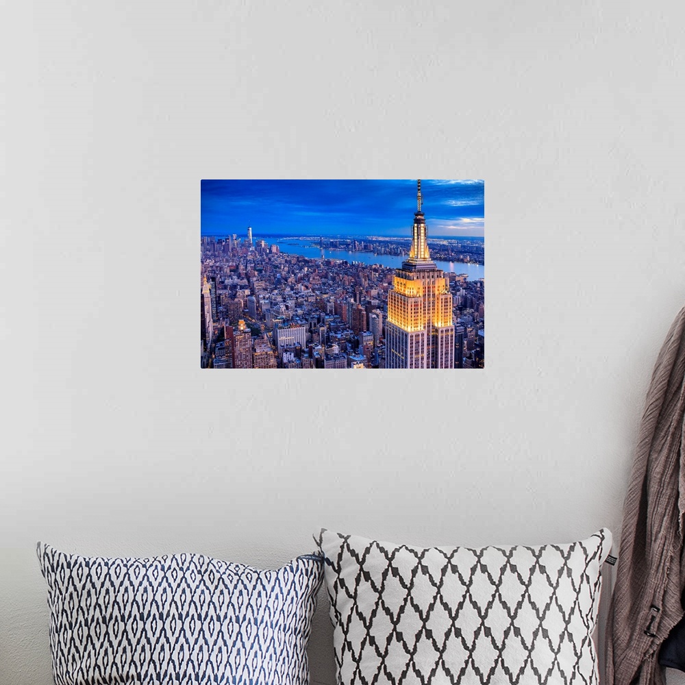 A bohemian room featuring USA, New York City, Manhattan, Midtown, Empire State Building, Hudson, Aerial view towards Empire...