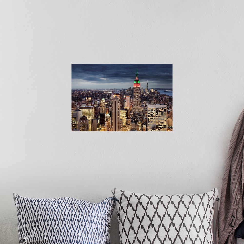 A bohemian room featuring USA, New York City, Midtown skyline and Empire State building from the Rockefeller Center Top of ...