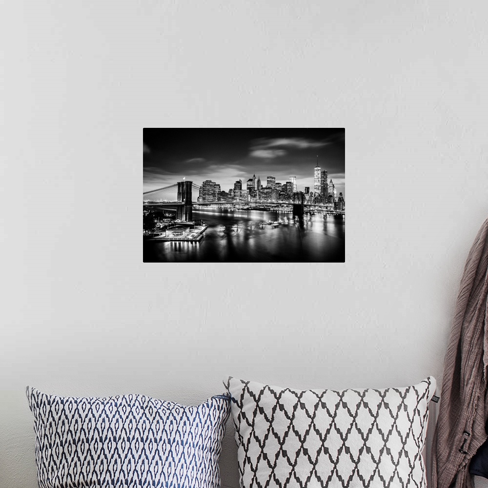 A bohemian room featuring USA, New York City, Brooklyn Bridge and Manhattan skyline with One World Trade Center at sunrise.