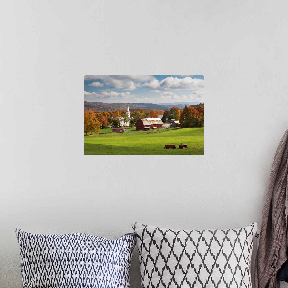 A bohemian room featuring USA, Vermont, Peacham, New England, Tractor passing the village in the fall.