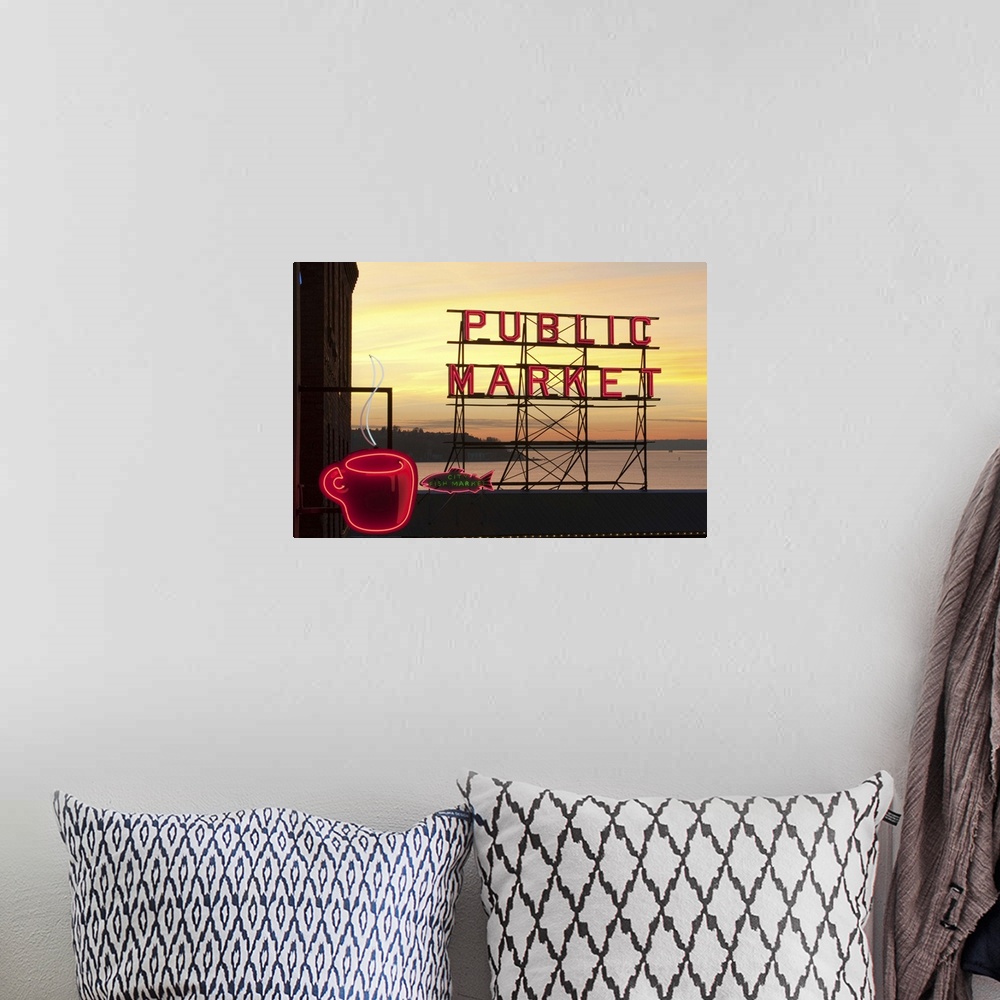 A bohemian room featuring Washington, Seattle, The Public Market sign at Pike Place Market in the evening light