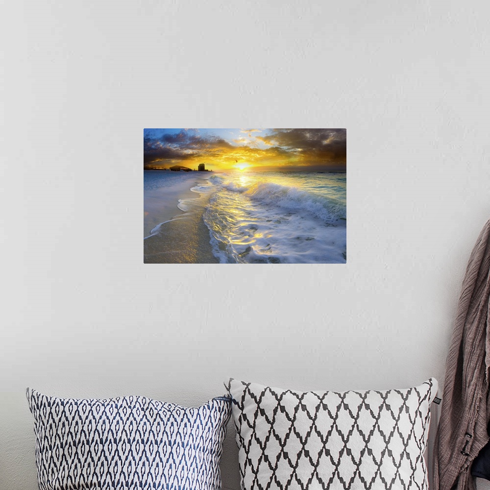 A bohemian room featuring A beautiful beach landscape at sunrise with ocean waves.