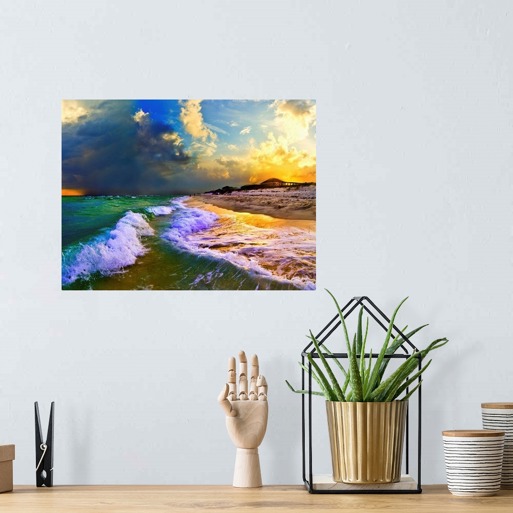 A bohemian room featuring White foam crested breaking waves sunset on the beach. A dark red and green seascape. Landscape t...