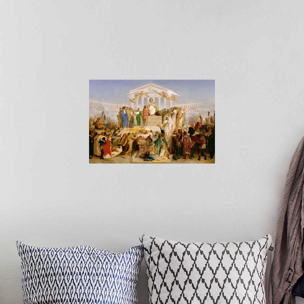 A bohemian room featuring Age of Augustus, the Birth of Christ, by Jean-Leon Gerome, French painting, 1852-54, oil on canva...