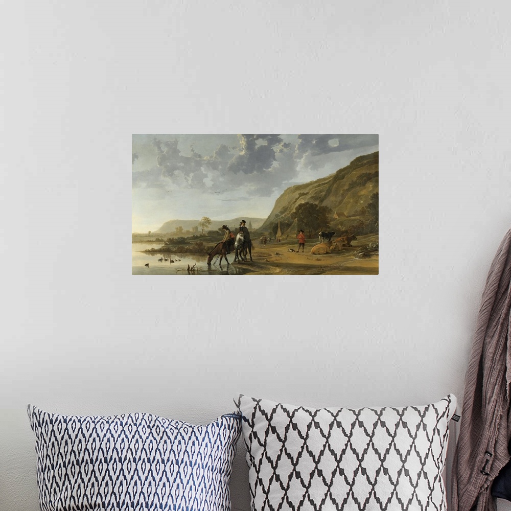 A bohemian room featuring River Landscape with Riders, by Aelbert Cuyp, 1653-57, Dutch painting, oil on canvas. Dutch offic...