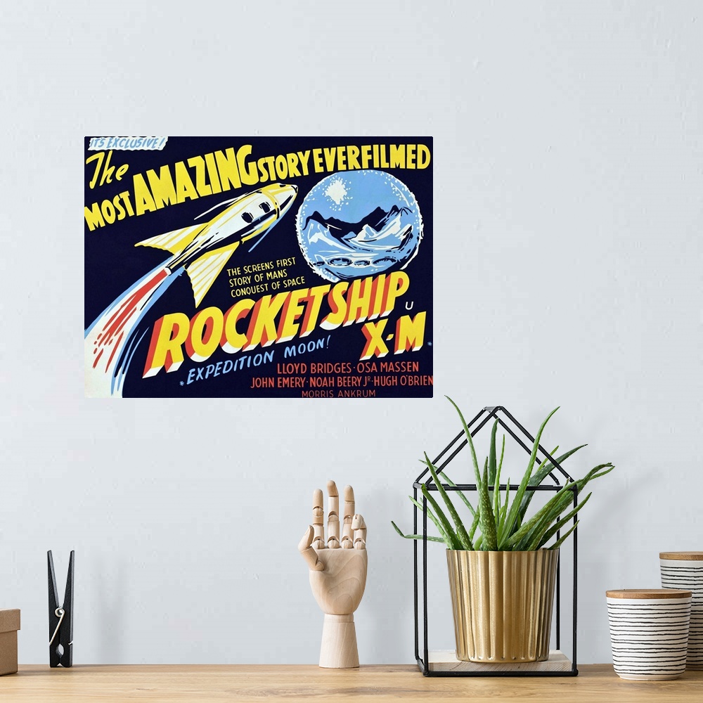 A bohemian room featuring Rocketship X-M - Vintage Movie Poster