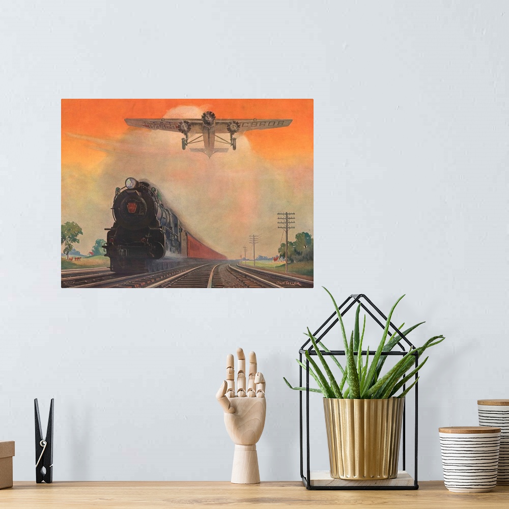 A bohemian room featuring Steam powered locomotive and Ford Tri-Motor airplane speeding through in rural landscape. Poster ...