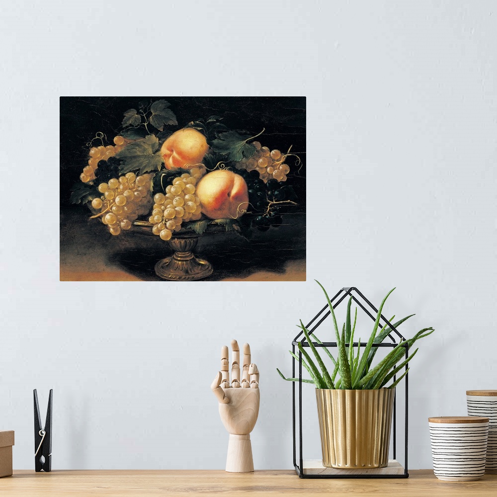 A bohemian room featuring Nuvolone Panfilo, Still Life with Peaches, White Grapes, Black Grapes, Vine Leaves and Metal Cup,...
