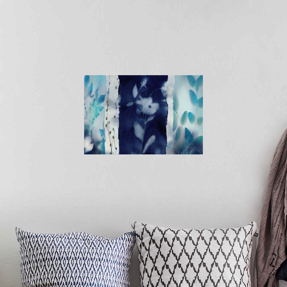 A bohemian room featuring Large abstract painting of flowers and plants in shades of blue.