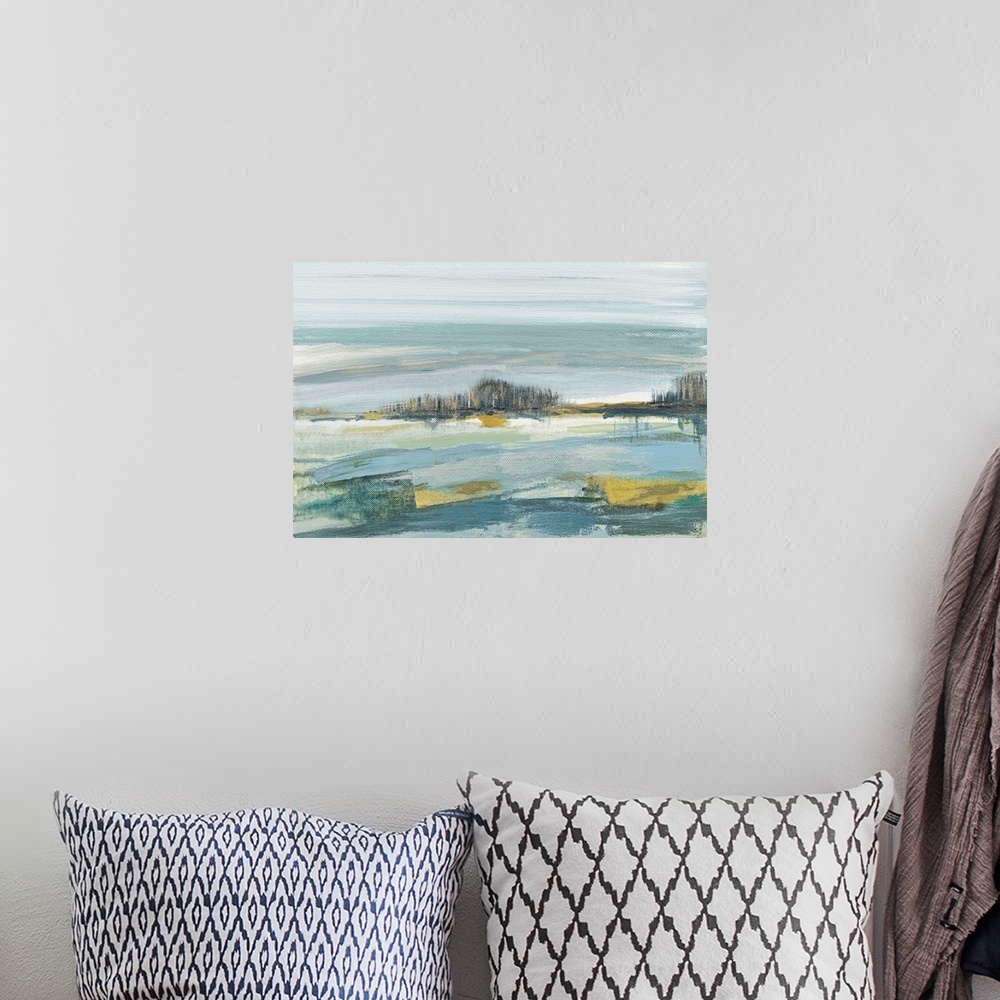 A bohemian room featuring Contemporary painting of an abstract beach landscape in shades of blue, grey, green, and gold.